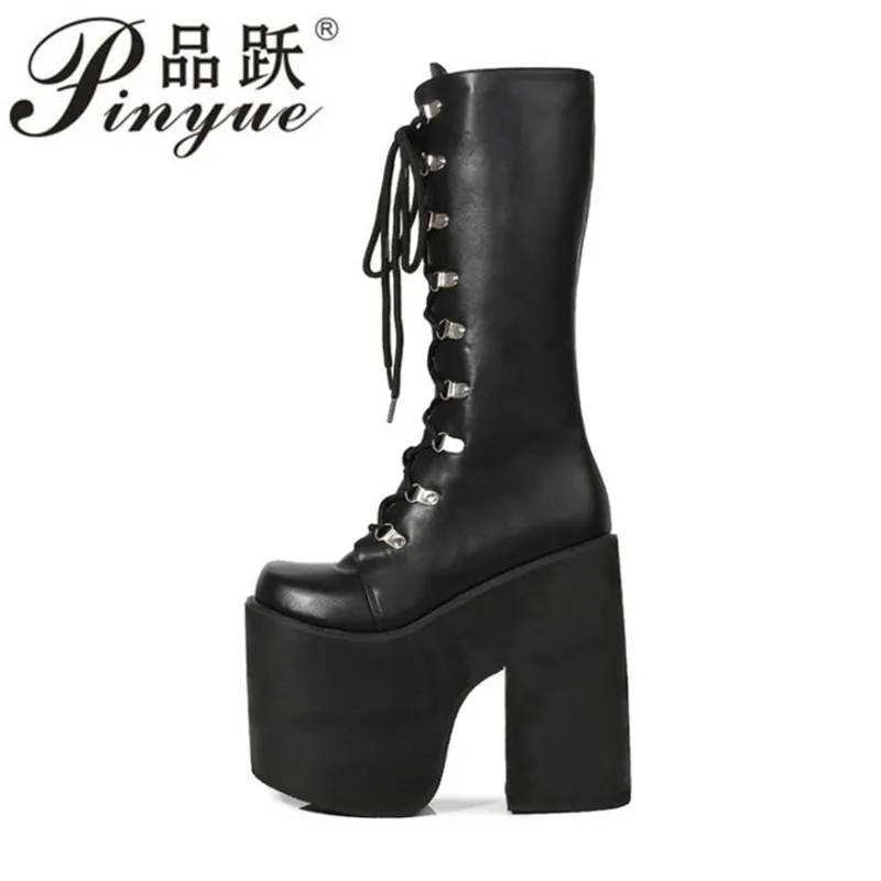 Мотоциклетные Ботинки на каблуке 16 см черные сапоги до колен Панк косплей модные