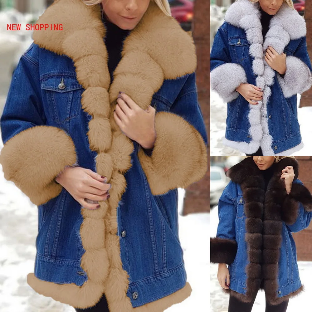 Luxurious Fur Collar Denim Jacket Long-sleeved Fleece Female Casual Winter Warm Coat Women Overcoat Plush Jackets Chaqueta Mujer