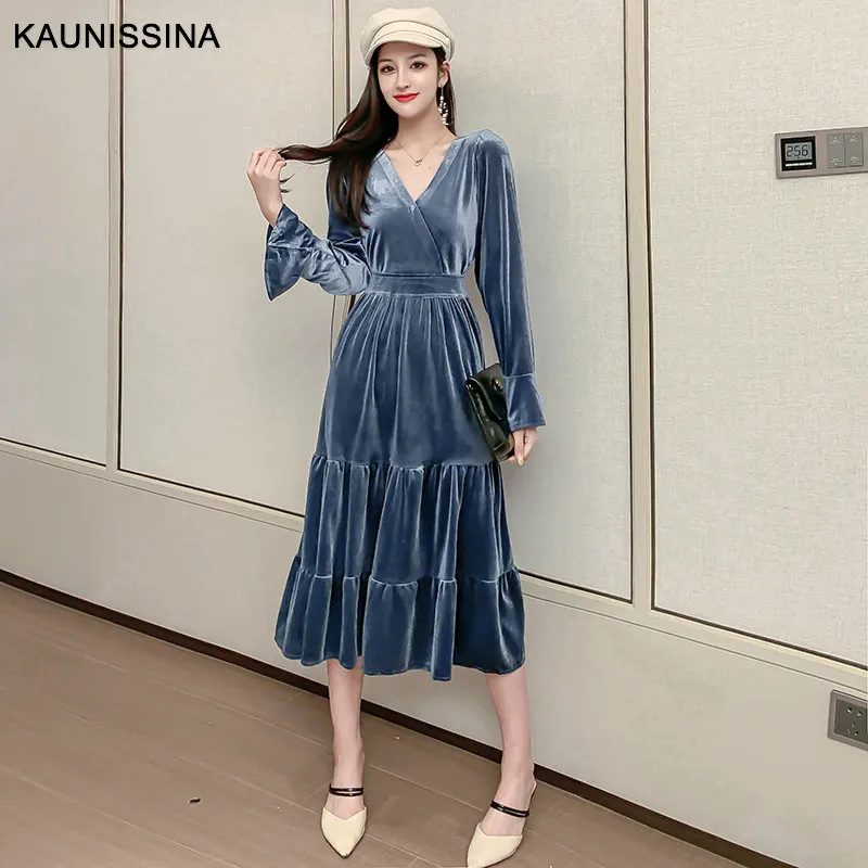 KAUNISSINA осенне-зимнее платье, коктейльное платье, длинный рукав, v-образный вырез, бархатное Клубное платье, элегантные коктейльные платья
