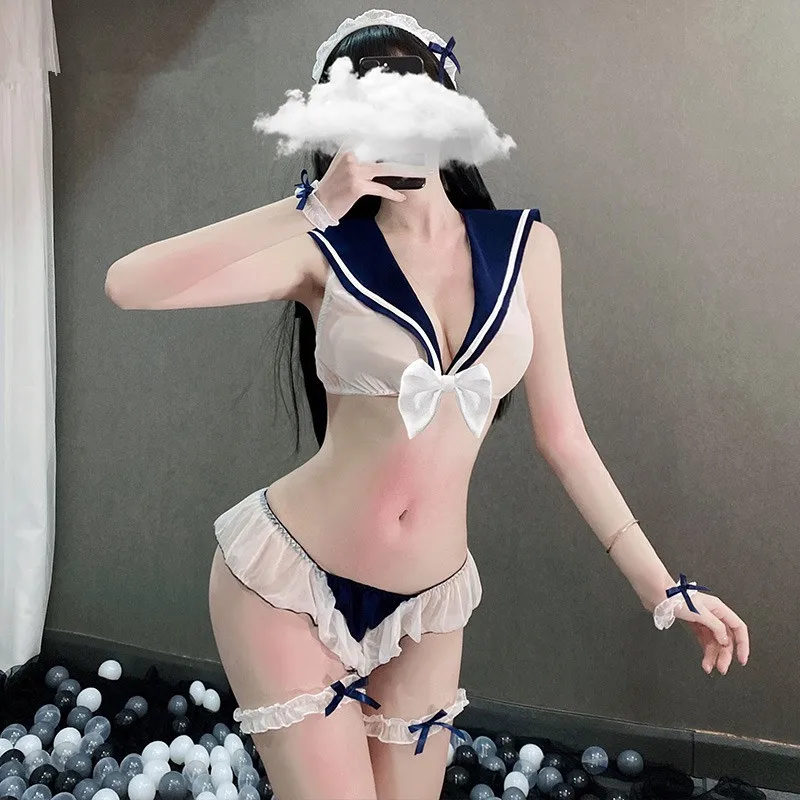 Женский прозрачный костюм моряка Kawaii эротический с открытой спиной для школьниц