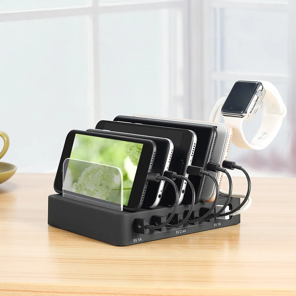 

No Buzzer Multi-function Metal USB Charging Station Fast Multi-USB Charger No Buzz LED Charging Station Black/Silver