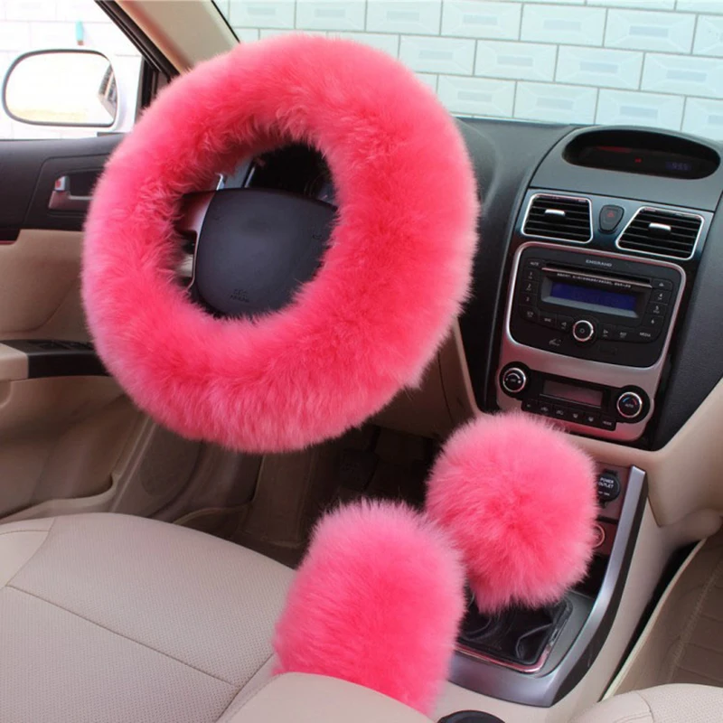 3PCS/Set Fur Steering Wheel Cover Set Real Sheepskin Auto Plush Warm Fluffy Fuzzy Car Accessories for Women Girl