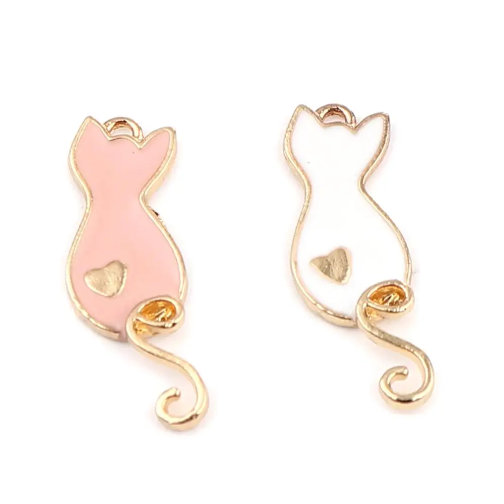 

New Zinc Based Alloy Cat Animals Charms Pink White Enamel Heart Metal Gold Color For DIY Making Earrings Necklace Jewelry,10PCs