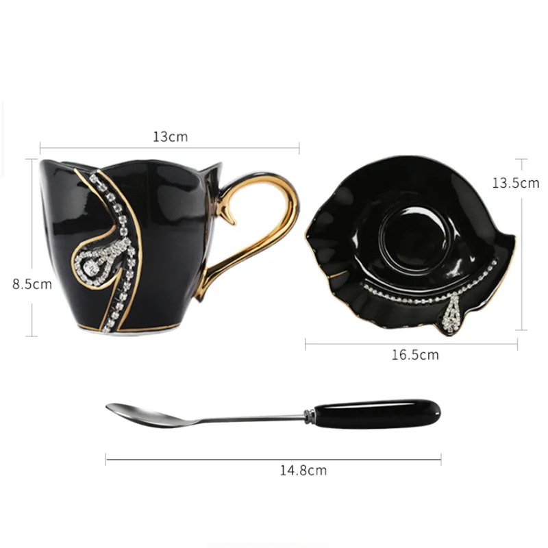 

Creative Simple European Coffee Mug 3D Ceramic Office Teacup With Rhinestones Decor Porcelain Milk Cup Saucer Set Drinkware