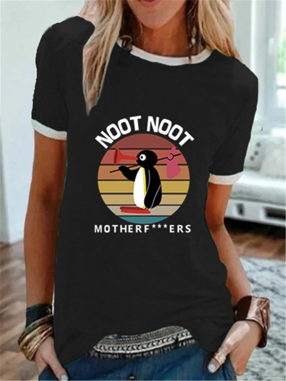 

Футболка Noot Pingu для школьников, женская футболка с милым мультяшным принтом, футболка в стиле Харадзюку, Женский винтажный милый топ, футбол...