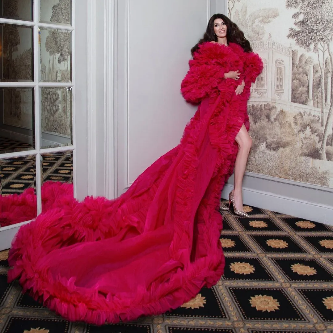 

Пышное Тюлевое платье с оборками для фотографии, длинное Многоярусное розово-красное платье, женские платья, платье для выпускного вечера, ...