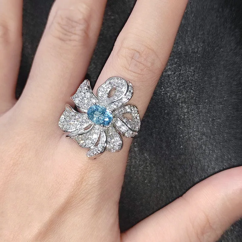 

BLACK ANGEL Sky Blue Topaz Multi-Layer Winding Flower Rings Women Adjustable Inlaid Luxury Gemstone Engagement Silver Jewelry