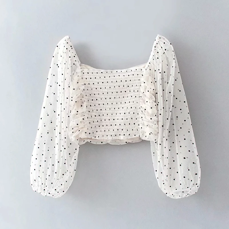 

Vintage women mesh dots blouses with liner 2020 summer fashion ladies sexy boho shirts party blouse female sweet tops girls chic