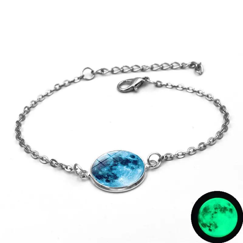 2 glow green Светится в темноте шармы браслет со стеклянным кабошоном серая луна светящиеся украшения Серебряная цепочка звено браслеты для женщин подарок для девочек - Окраска металла: 2 glow green