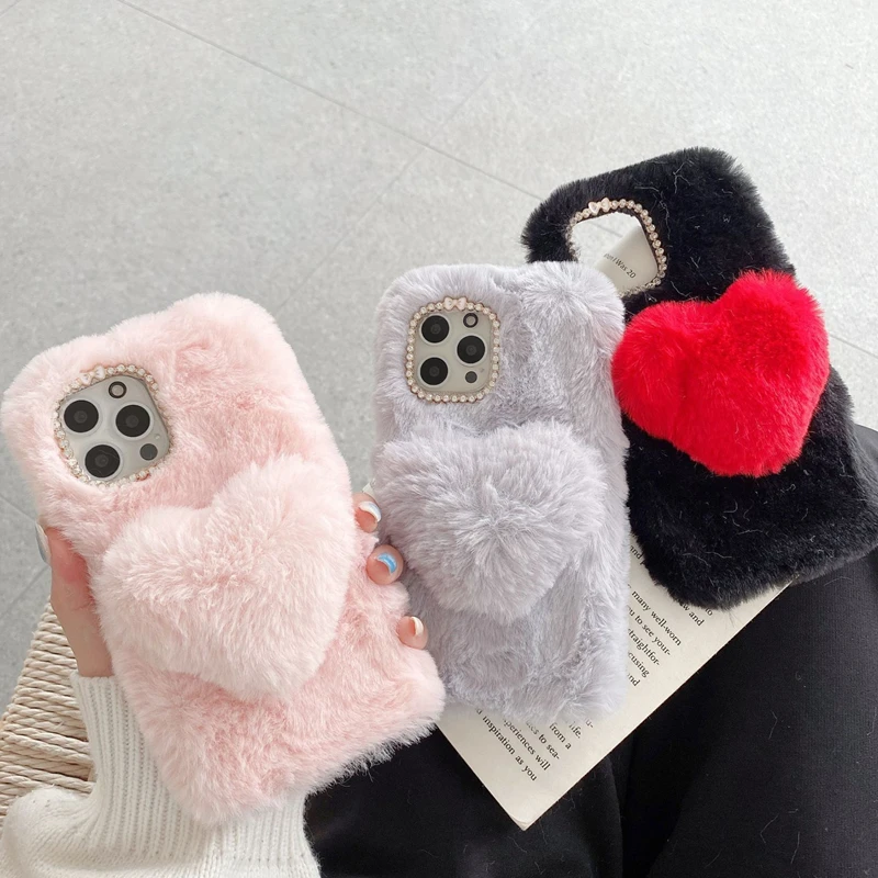 

Signalshin Plush Love Heart Fluffy Phone Case For Samsung A30 A50 A70S A90 A71 A8 2018 A750 M30 M40S M32 M52 M72 5G Furry Cover