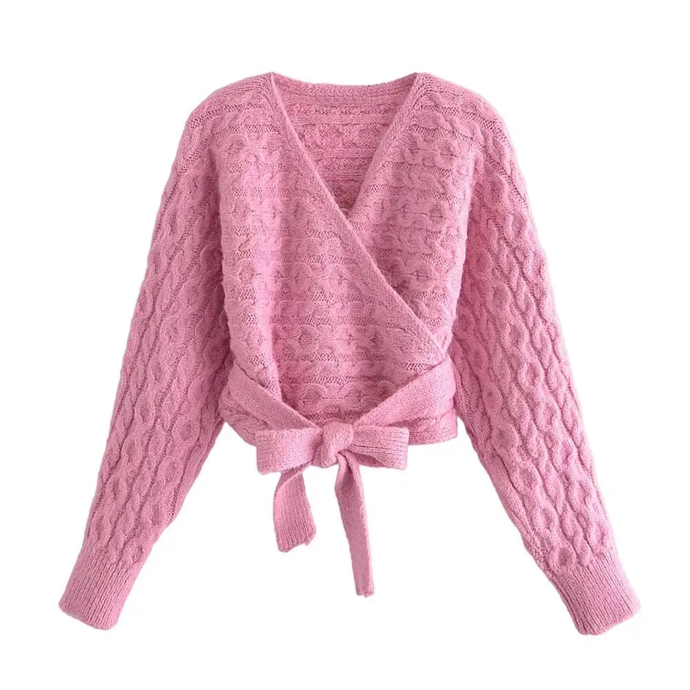 

Pink Women's Sweater Women Sashes Long Sleeves Za Cable-knit Cropped Cardigan Clothing Coat Woman Sweaters Jumpers