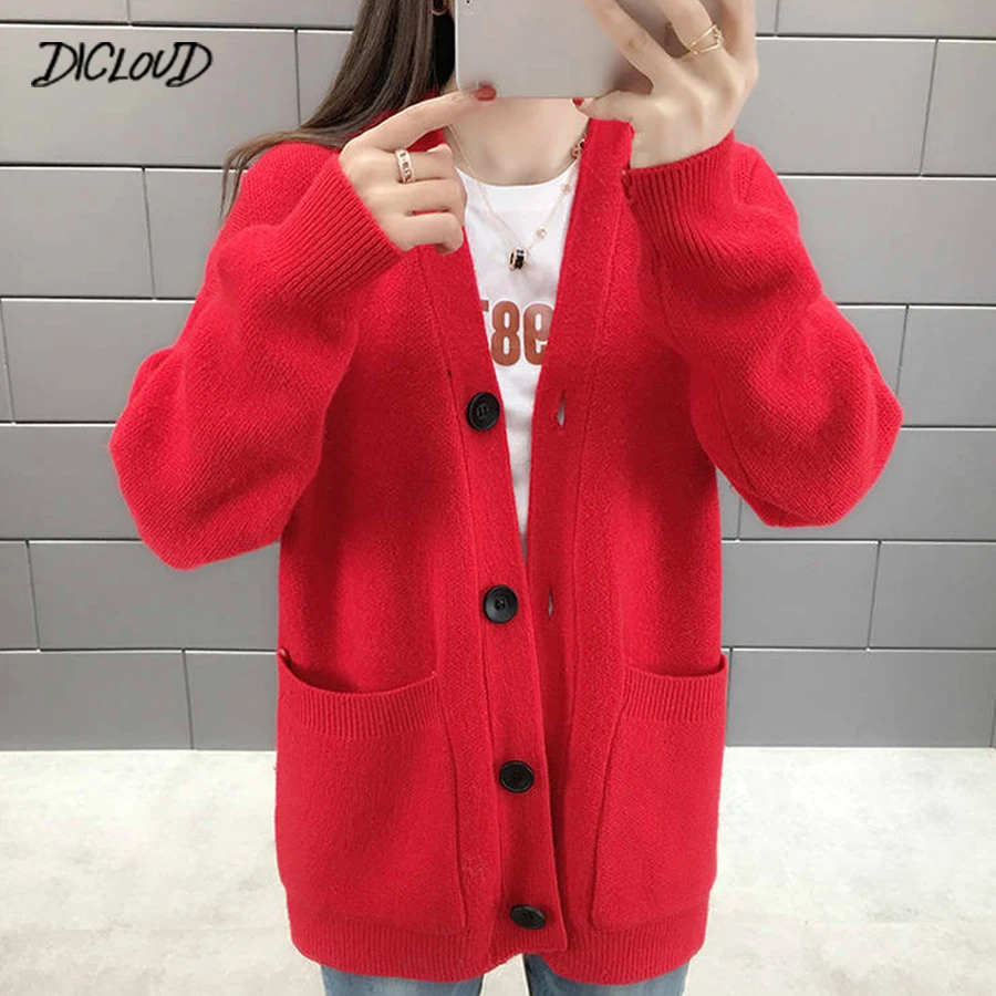 Женский вязаный однобортный Кардиган повседневный свободный однотонный