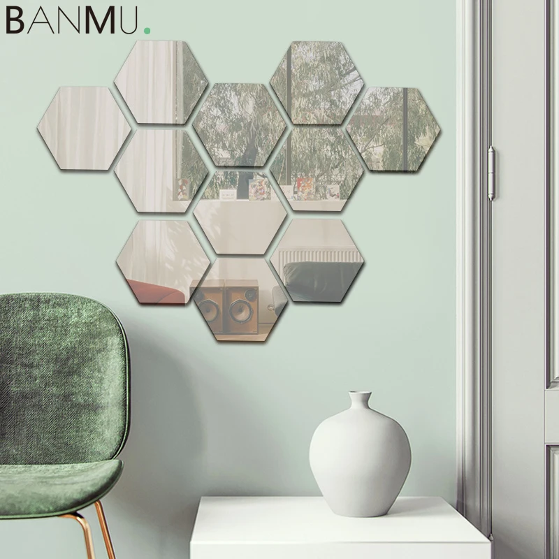 

BANMU 12pcs DIY Silver Acrylic Reflective Hexagon Mirror Wall Stickers Wall Mirror Decals Home Decor Decoration for Livingroom