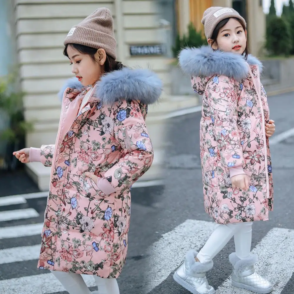 

Winter Thicken Warm Children Girls Long Parkas Floral Printed Kids Coats Faux Fur Collar Hooded Teenage Overcoats 5-13T