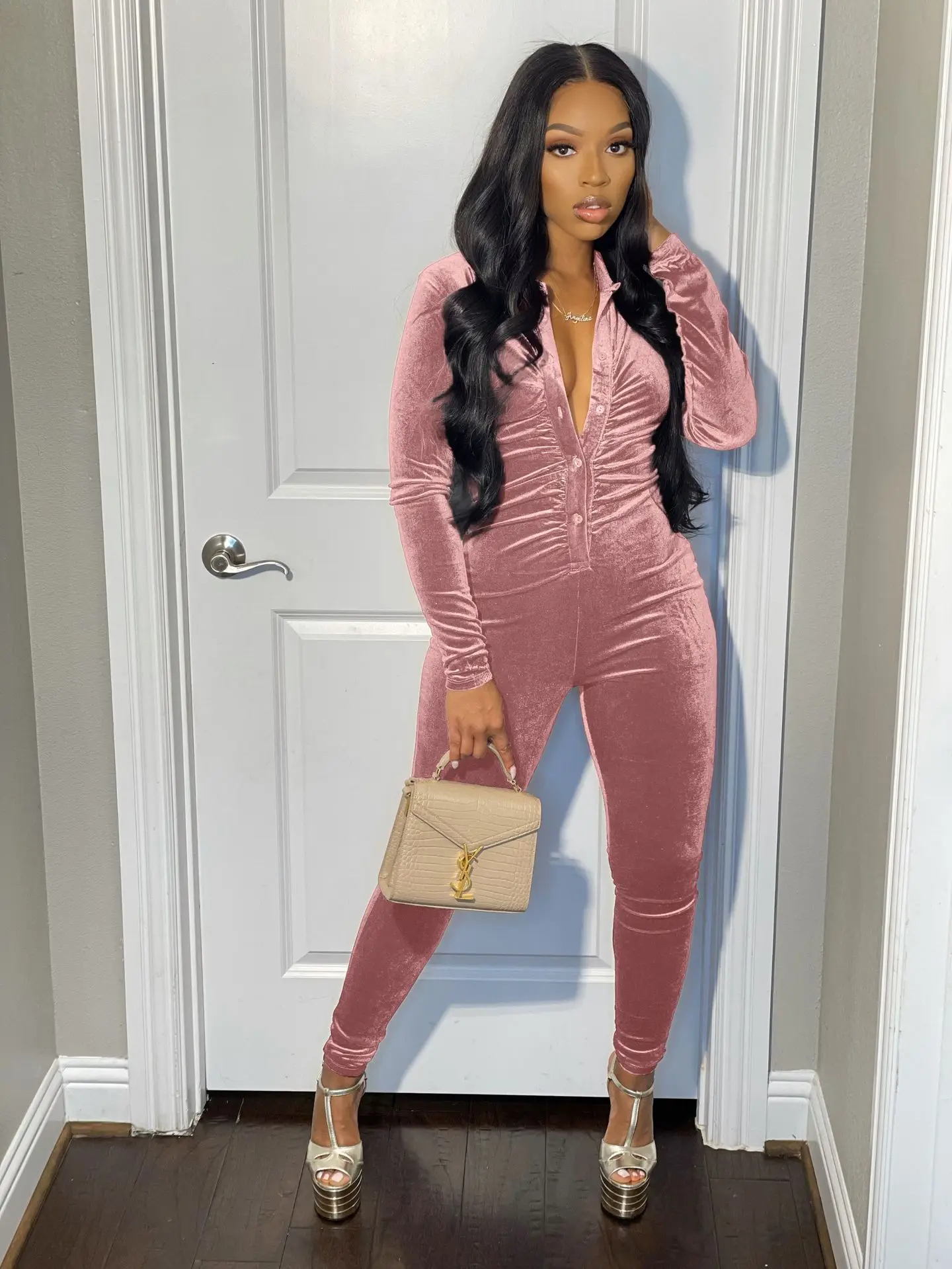 

Новинка 2022, стильный женский однотонный цельный комбинезон на пуговицах с длинным рукавом