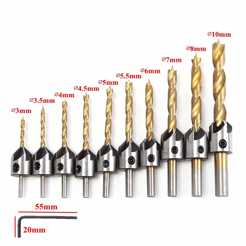 

3-10mm 5 Flute Round Handle HSS Countersink Drill Bit Set Drilling Pilot Holes Carpentry Reamer Woodworking Chamfer Tools
