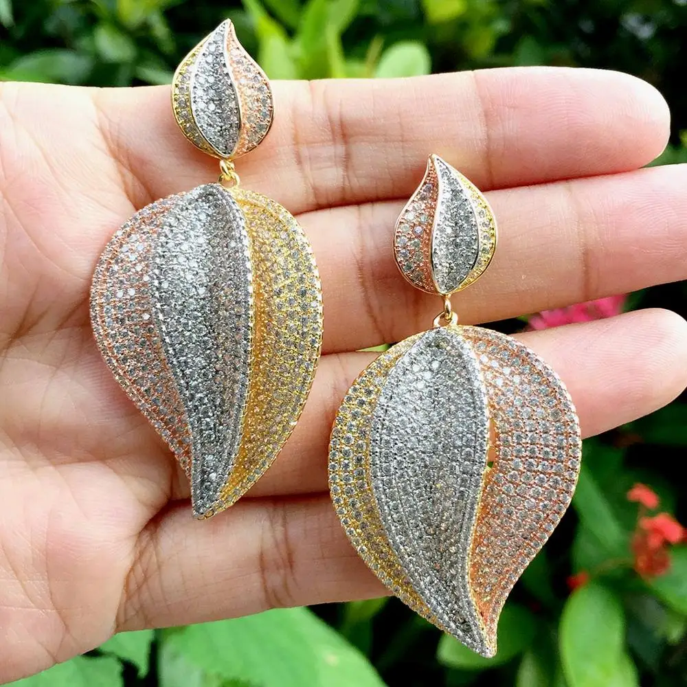 

ModemAngel Luxruy Fashion Leaf Leaves Cubic Zirconia Pendant NECKLACE EARRINGS For Dubai Women High Quality Jewelry