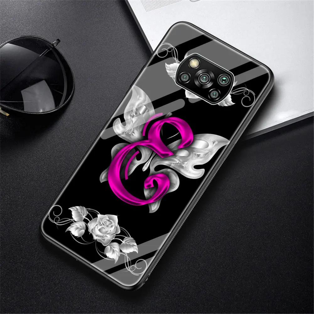 

Initial Letter Cover Case for Xiaomi Mi Poco X3 NFC Note 10 Lite 9T 10T Pro CC9E 10S Tempered Glass Soft Edge Shell