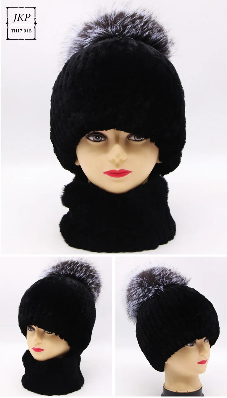 Rex rabbit fur hat female winter fox fur ball thick warm knitted earmuff wool cap