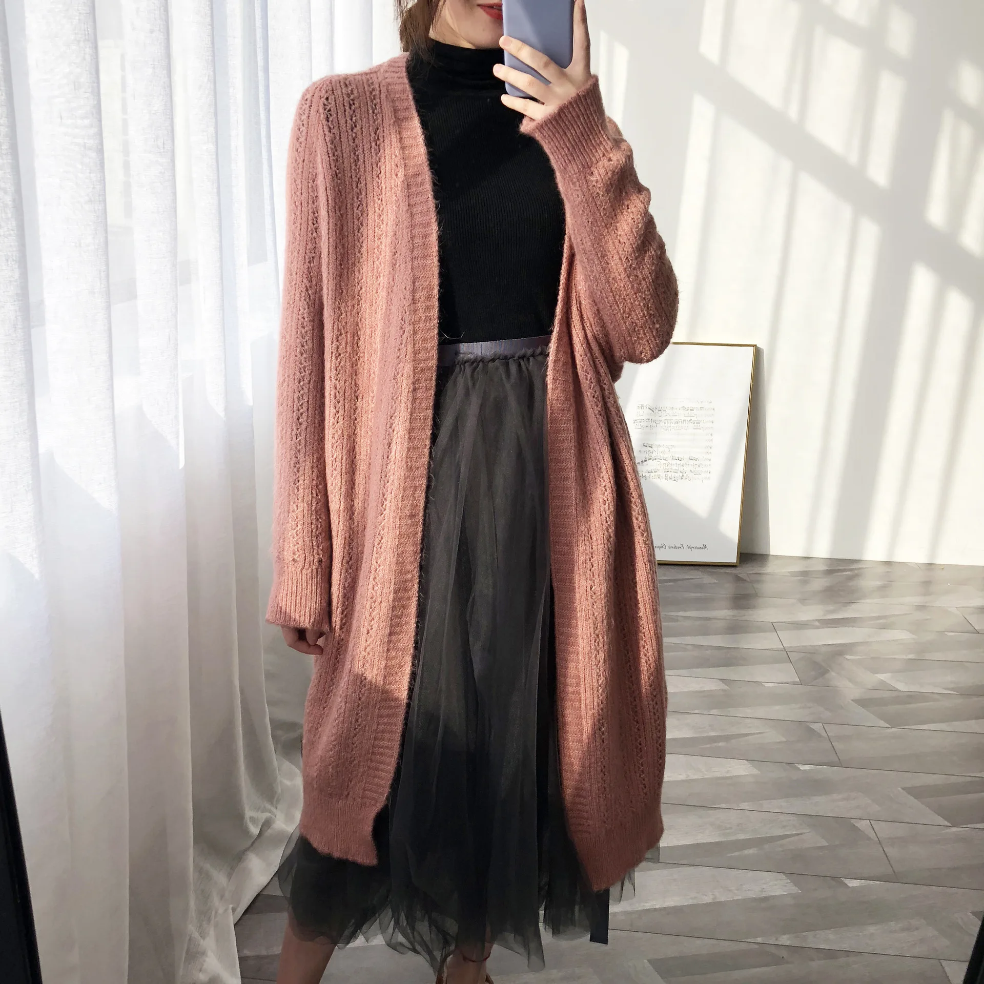 Женский свободный длинный вязаный кардиган повседневный черный Пушистый с