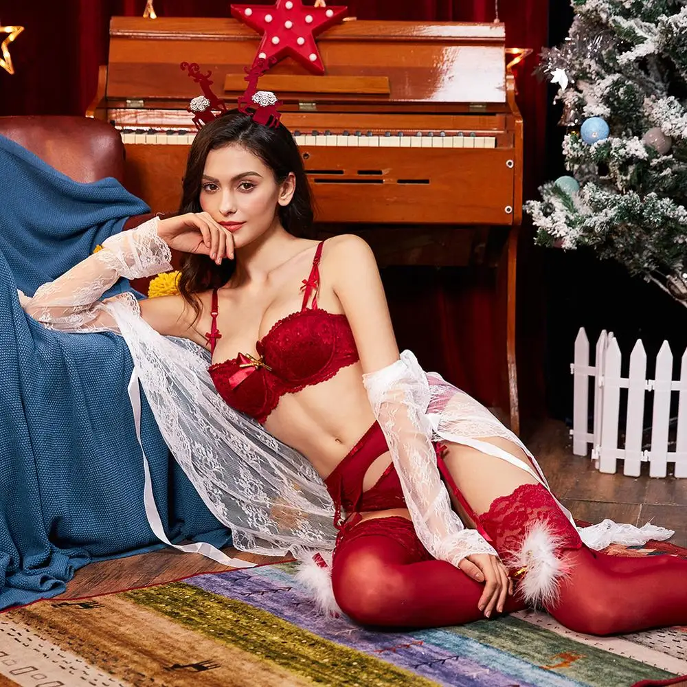 Women Halloween Costumes Push Up Bras Set merry Christmas Lace Lingerie Bra Velvet Panties Garter Stocking Antlers Robe Elk Head