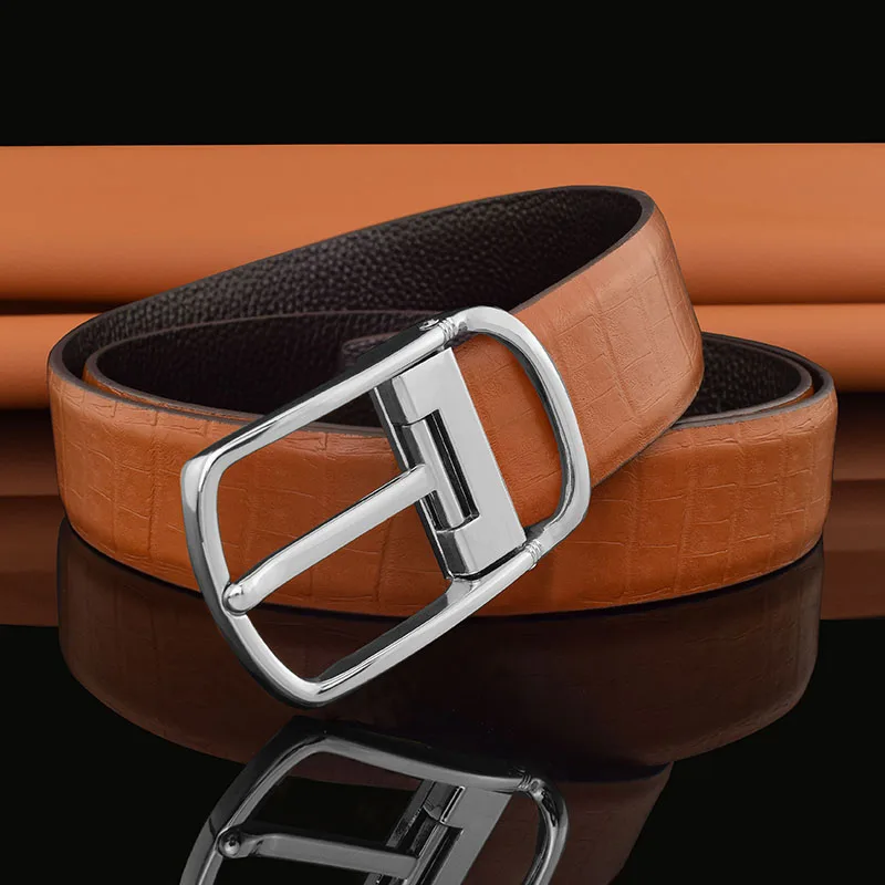 High Quality Full Grain Leather Yellow Belt With Pin bBuckle Men's Luxury Brand Name Leather BeltCowskin Ceinture Homm