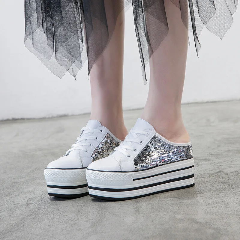 Женская спортивная обувь прогулочная на толстой подошве с блестками Кожаные