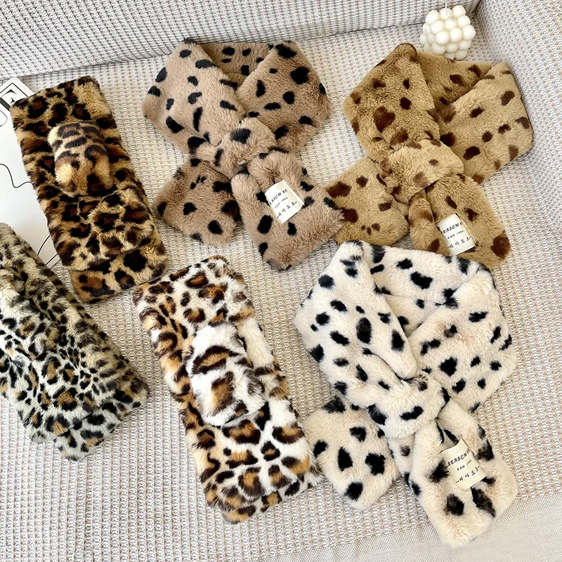 

Leopard Print Crossbody Rabbit Hair Down Soft Scarf Autumn Winter Fur Silk Scarves Female Collar with Thick Warm Neck Cover