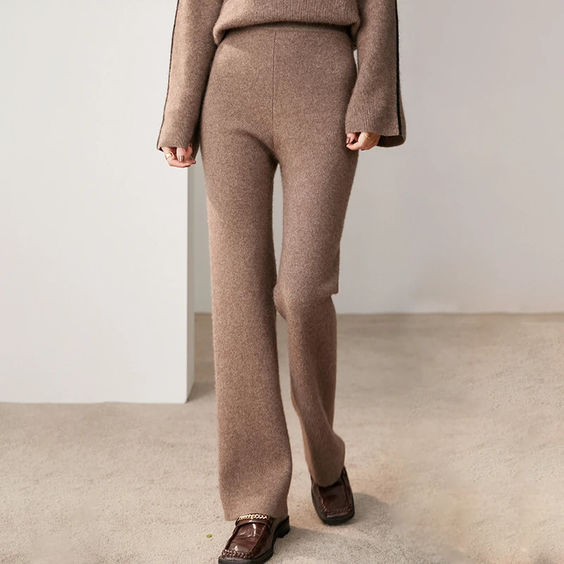 Women 100% Cashmere Pants 2021 New Autumn Winter Soft Waxy Comfortable High-Waist Knitted Female Thicken Wide Leg Pants