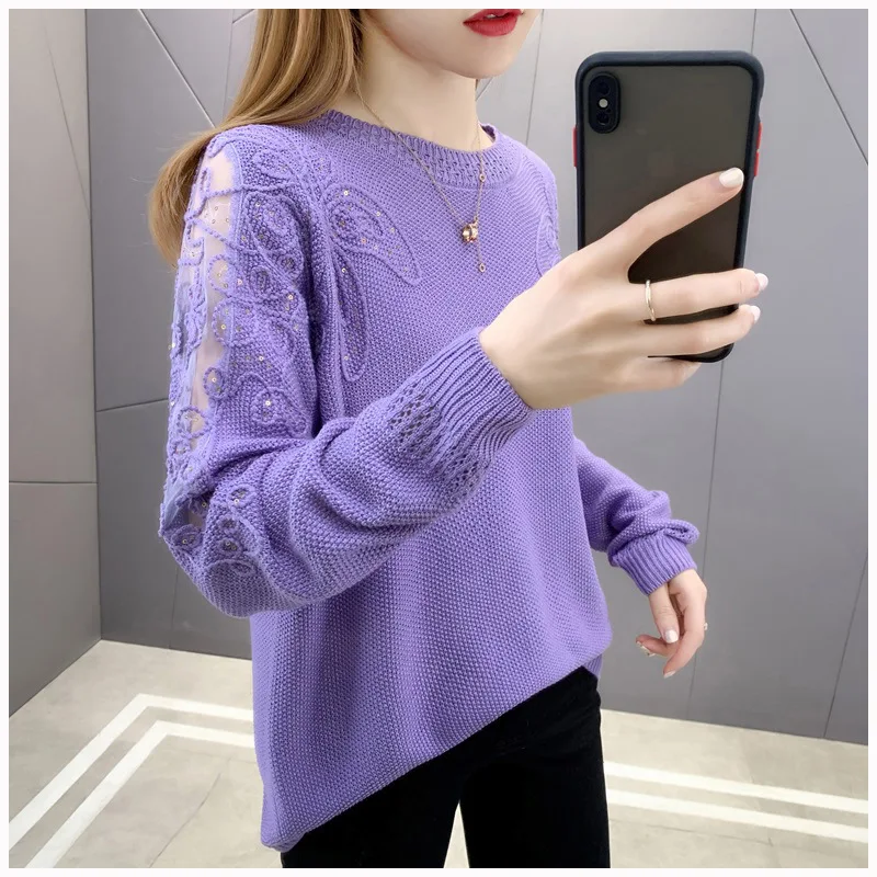 

Новинка, вязаный свитер на весну 2021, женский свитер с длинным рукавом и круглым вырезом, вязаный кружевной пуловер в стиле пэчворк с длинным...