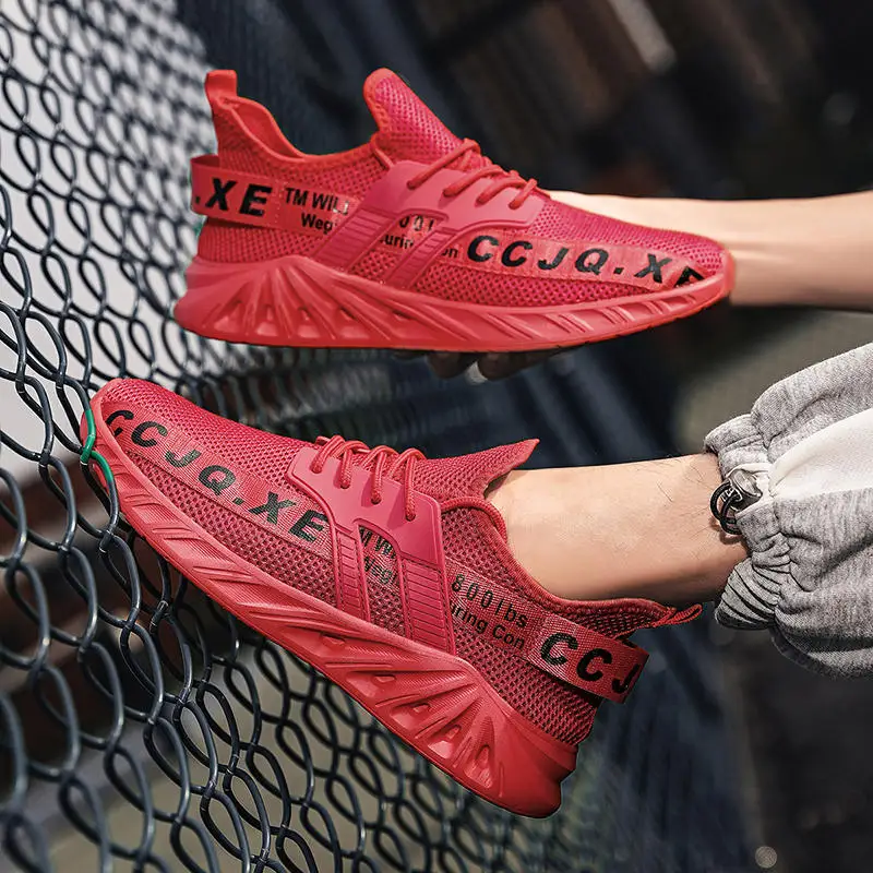 Fashion Red Men's Blade Sneakers Mesh Breathable Running Shoes for Men Lace-up Non-slip Trainers Men Sports Shoes basket homme