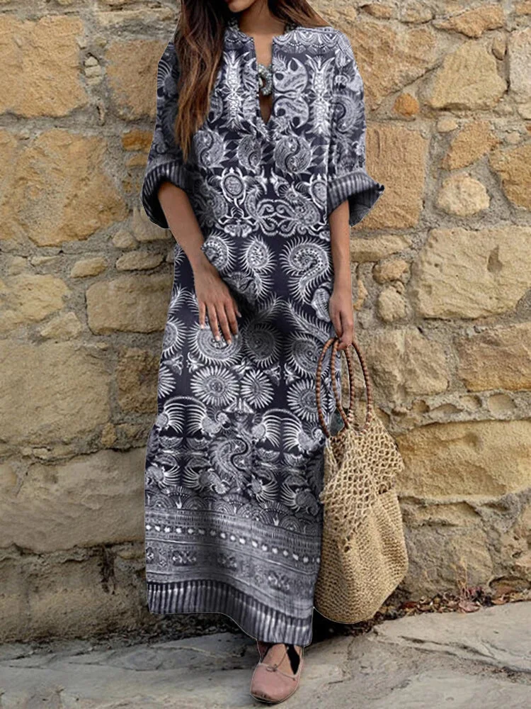 

2021 summer new V-neck Pullover long sleeve loose size women's ethnic print dresses for women fashion dress plus vestido woman