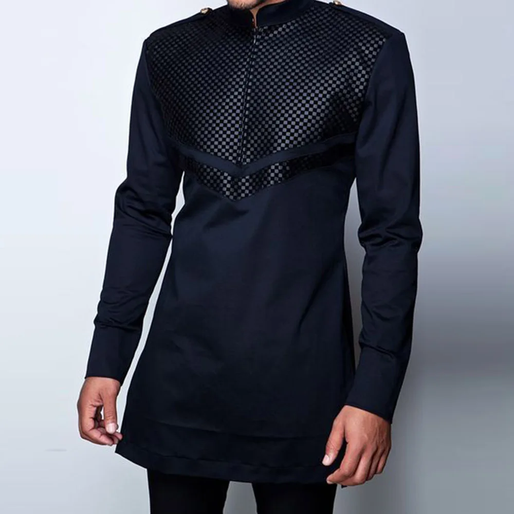 

Shirts 2021 Men's T-Shirt African Dashiki Long Sleeve Patchwork Top Spring Fashion Mid-length Male Clothing Plus Size 4xl Black