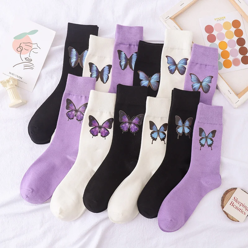 

Woman socks cute butterfly dinosaur cartoon embroidery pattern socks Korea trend street hip hop fashion sports in tube socks