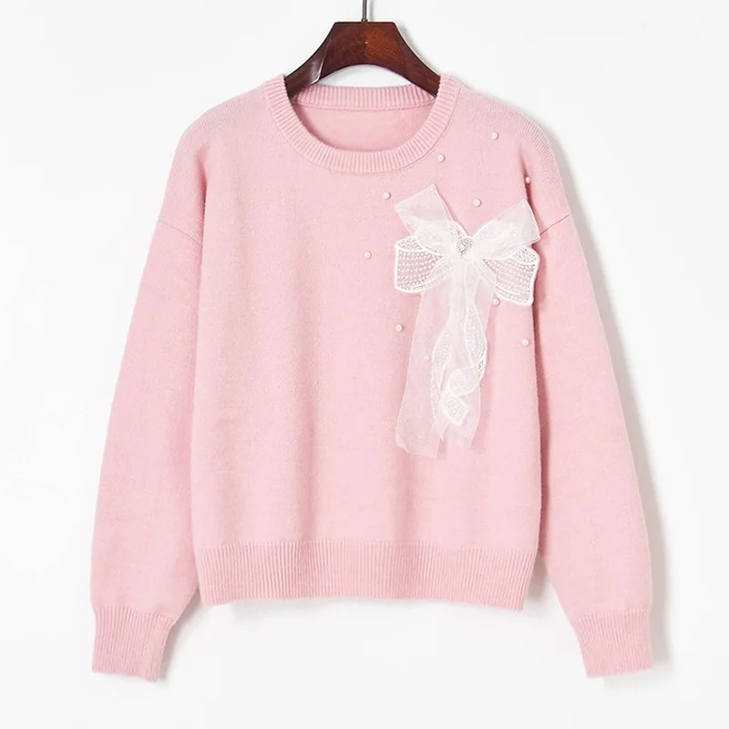 2021 Autum Winter New Sweet Lace Bead Bow Round Neck Knitted Sweater Girls OL Slim Pullover Women's dropshipping | Женская одежда