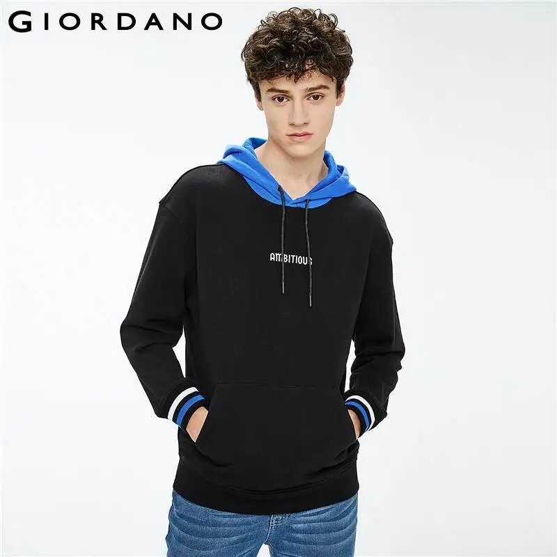 

Giordano Men Sweatshirts Embroidered Letter Contrast Loose Hoodie Kanga Pockets Ribbed Cuffs Casual Sudadera Hombre 01021791