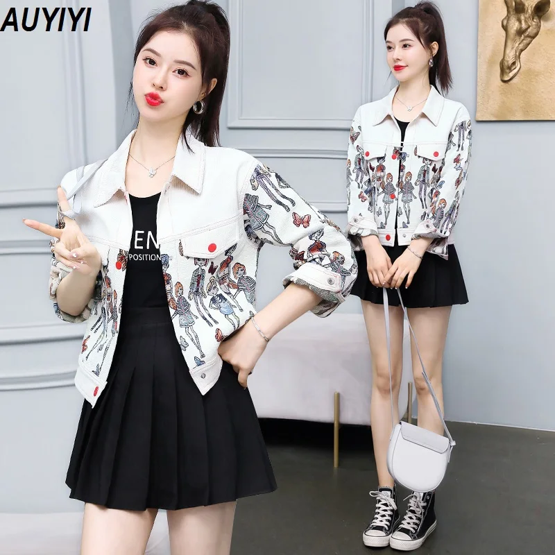 

AUYIYI 2021 Spring and Autumn New Casual Loose Autumn Printed Workwear ins Wind Long Sleeve Short Jacket Ladies Top