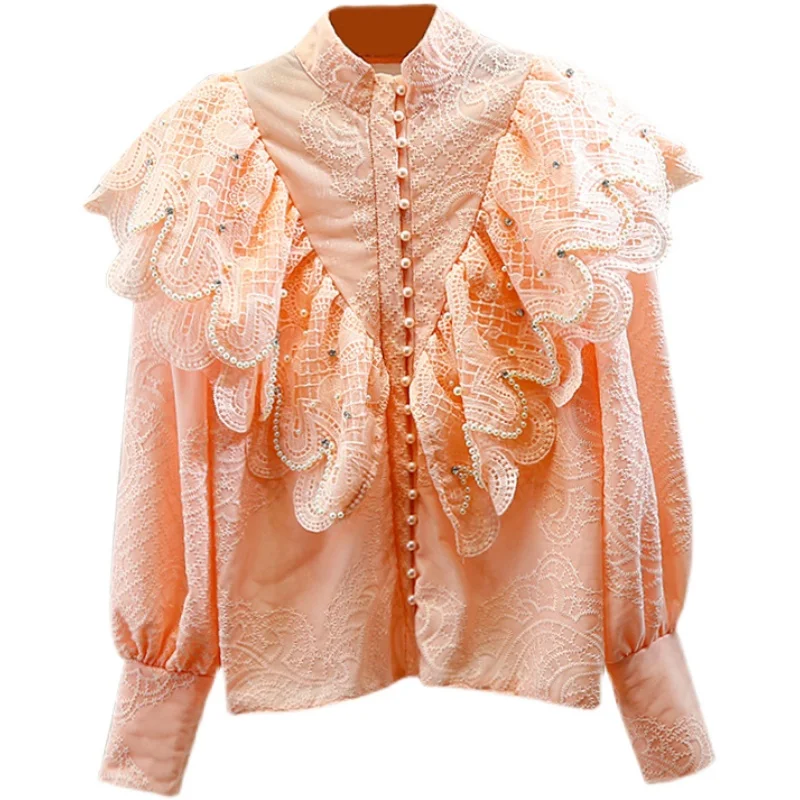 

2021 Spring Blouse for Women Beads Diamond Sweet Single-Breasted Stand Collar Long Sleeve Shirt Girls Solid Lace Shirts Blouses