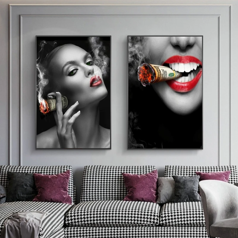 

Sexy Lips Smoking Money Girls Canvas Painting Oil Painting Poster and Prints Modern Wall Art Picture for Living Room Home Decor