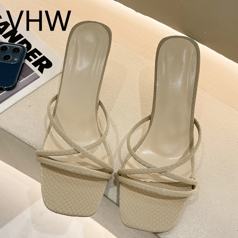 

Women Sandals 2021 Summer Ladies Fashion Open Toe High Heels Elegant Beige Slippers Cross Narrow Band Female Slippers Size 42