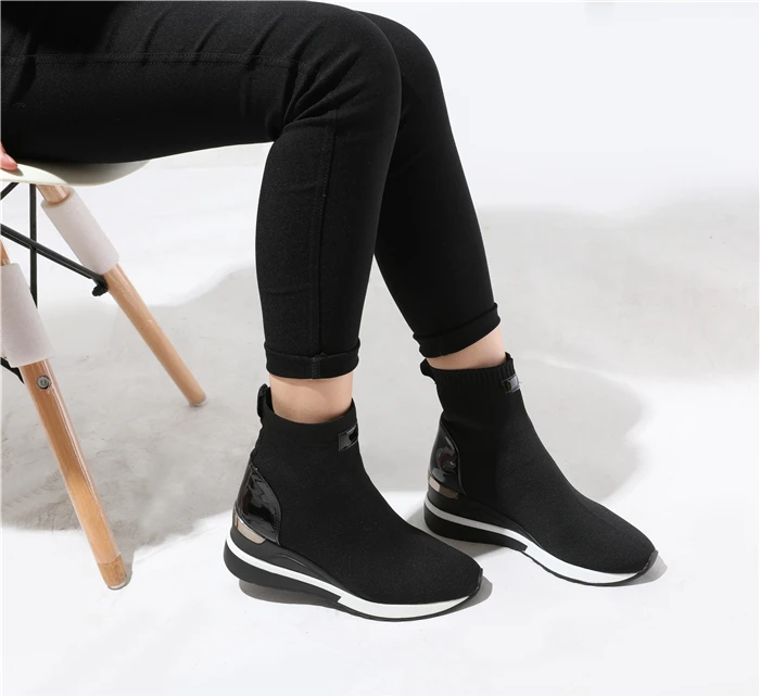 New Knitted Shoes Women High Top Women's Sock Sneakers Spring Women Knit Breathable Shoes Female Platform 6CM