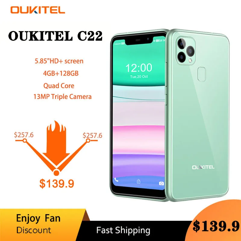 

OUKITEL C22 Global Version Smartphone 4GB RAM 128GB ROM Triple Camera Light Weight 2.5D Glass Back 2.0Ghz 4000mAh Mobile Phones