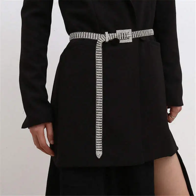 

European and American style 4-row Rhinestone Square belt women's fashion waist chain shiny crystal inlaid belt accessories