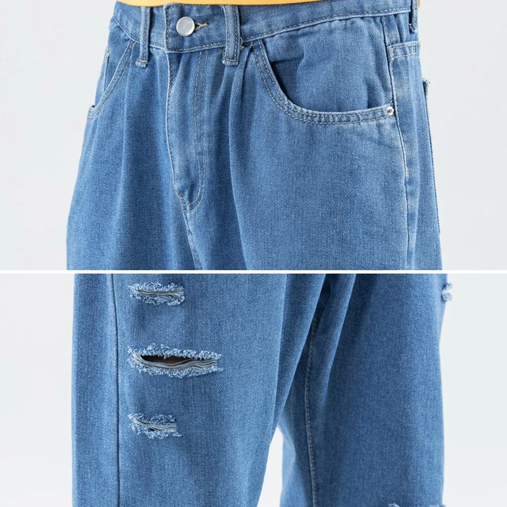 

Vogue Men's Korean Version Of Loose Wide Leg Hole Casual Denim Trousers Waist Solid Color Zipper men's Jeans Chic Fashion