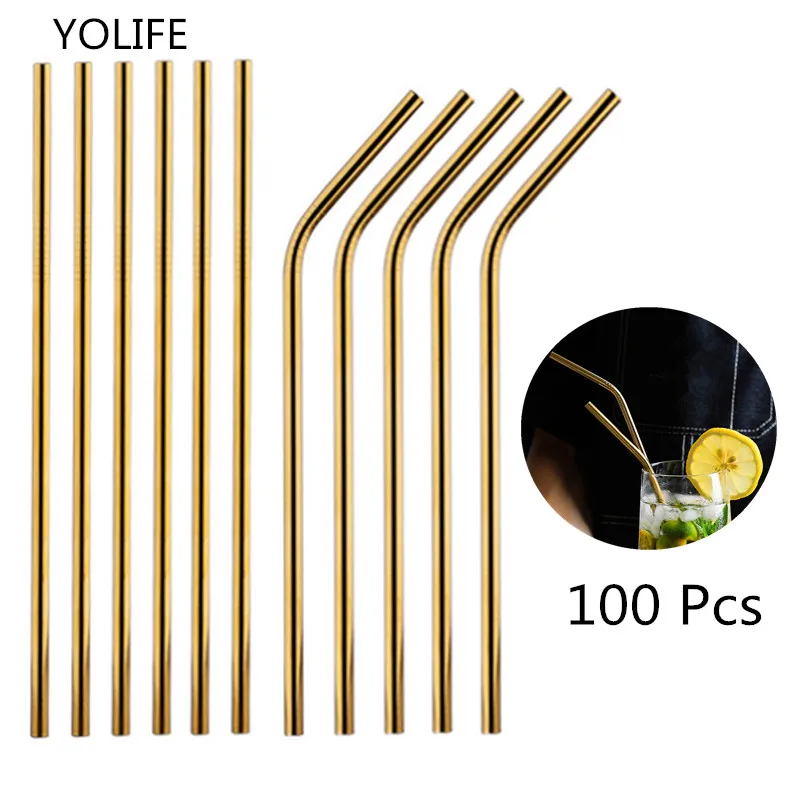 Золотые соломинки 100 шт./компл. металлические многоразовые оптом из нержавеющей