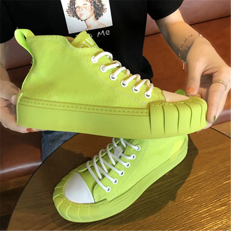 High Quality Classic Women White Canvas Shoes Spring Autumn High Top Women Platform Vulcanized Shoes Female Flat Casual Shoes - Цвет: Светло-зеленый