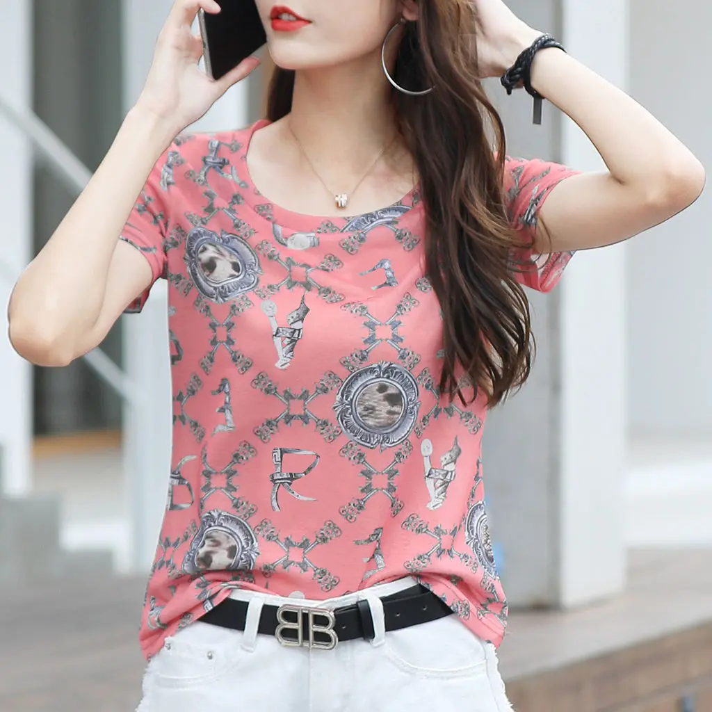 

Printed Short-sleeved Top Women 2021 New Slim T-shirt Bottoming Shirt All-match Fashion Women's Small Shirt