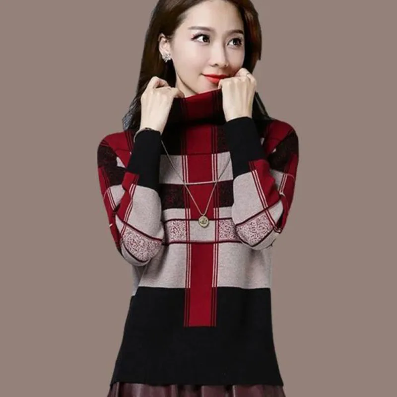 

Sweaters Womens Plus Size Pullovers Knit 2021 Winter Knitted Cotton Color Plaid Splicing Turtleneck Jumper Jerseys Sweater Woman