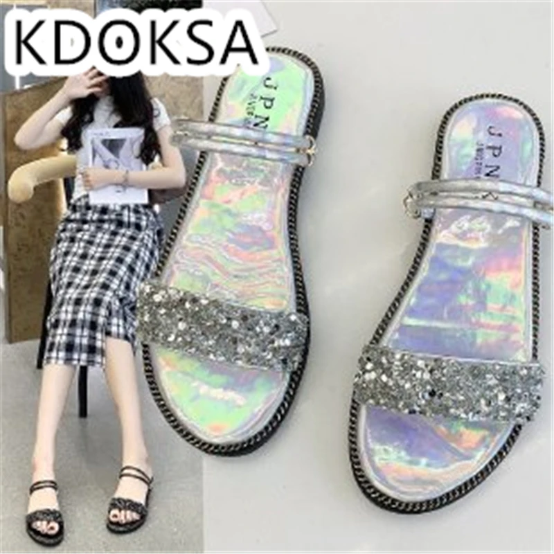 

Female Summer 2021 New Web Celebrity All-match Exposed Toe Wear Thick Soles Sequins Silver Fashion Two Wear Out Slippers