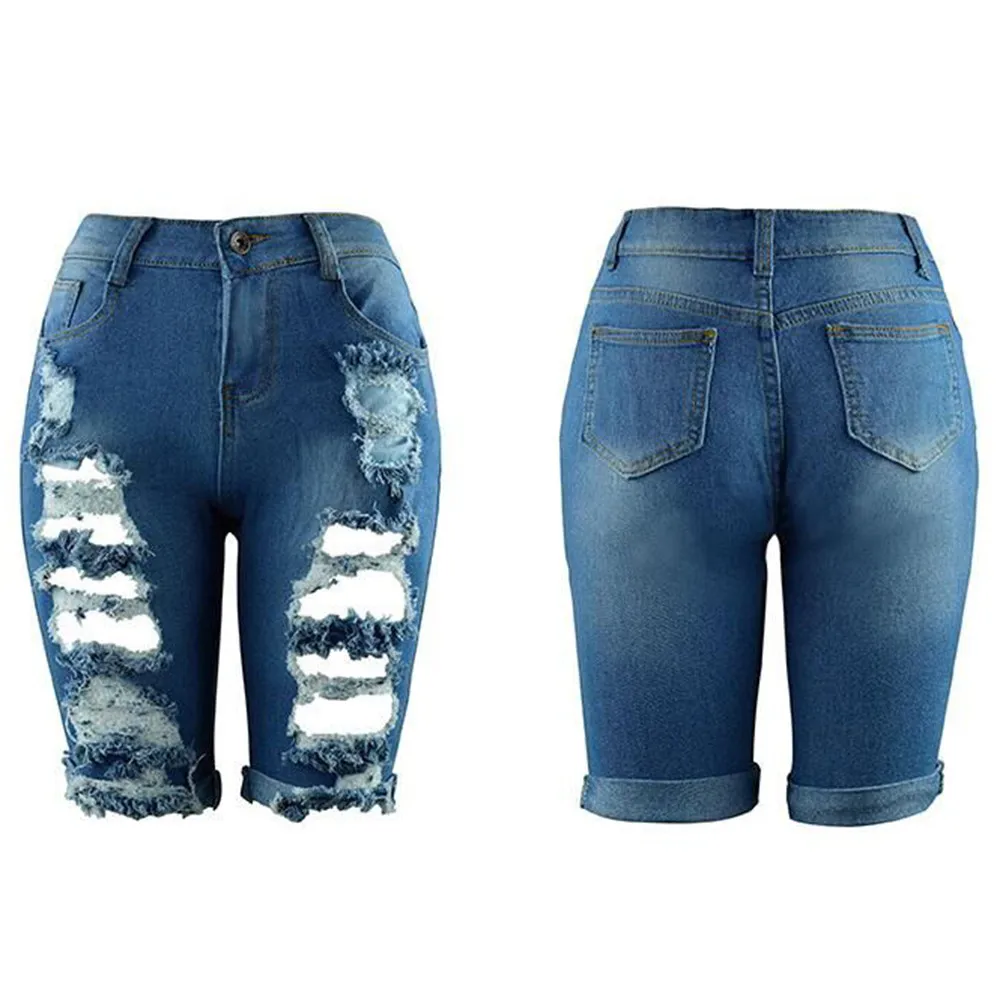 

Women's 2021 New Fashion Vintage Casual Holes Frayed Cutoff Elasticity Pockets High-Waisted Slimming Pencil Jeans Short Trousers